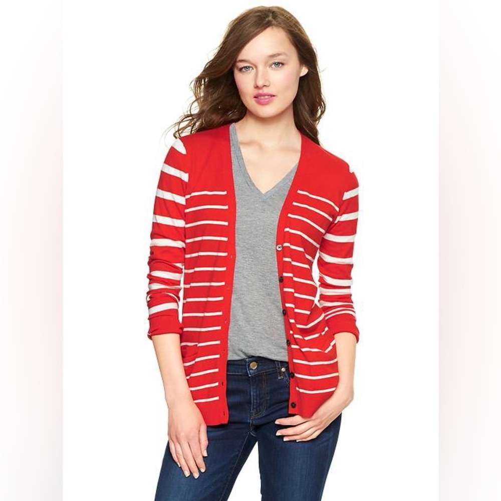 Gap Striped Button Down Cardigan Sweater Silk Blend V-Neck Red White Small